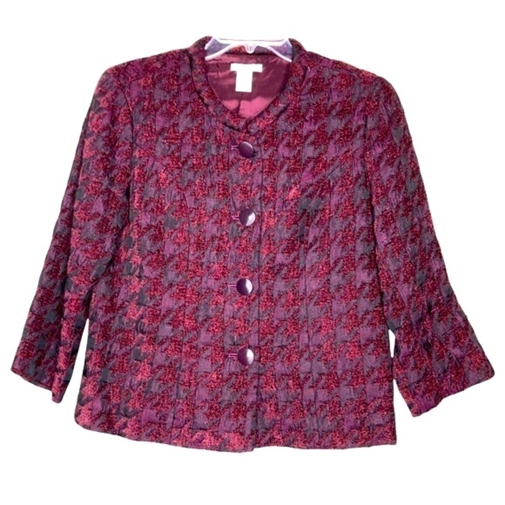 Laura ASHLEY Textured Houndstooth Blazer in Plum, Burgundy & Black - Size Small